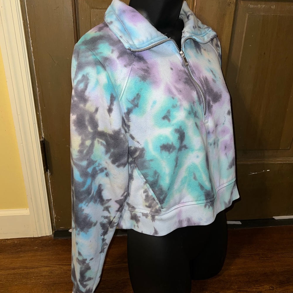 Tie Dye Cropped Pullover Blue Fleece Quarter Zip Activewear Lounge Casual Size S - Picture 5 of 9